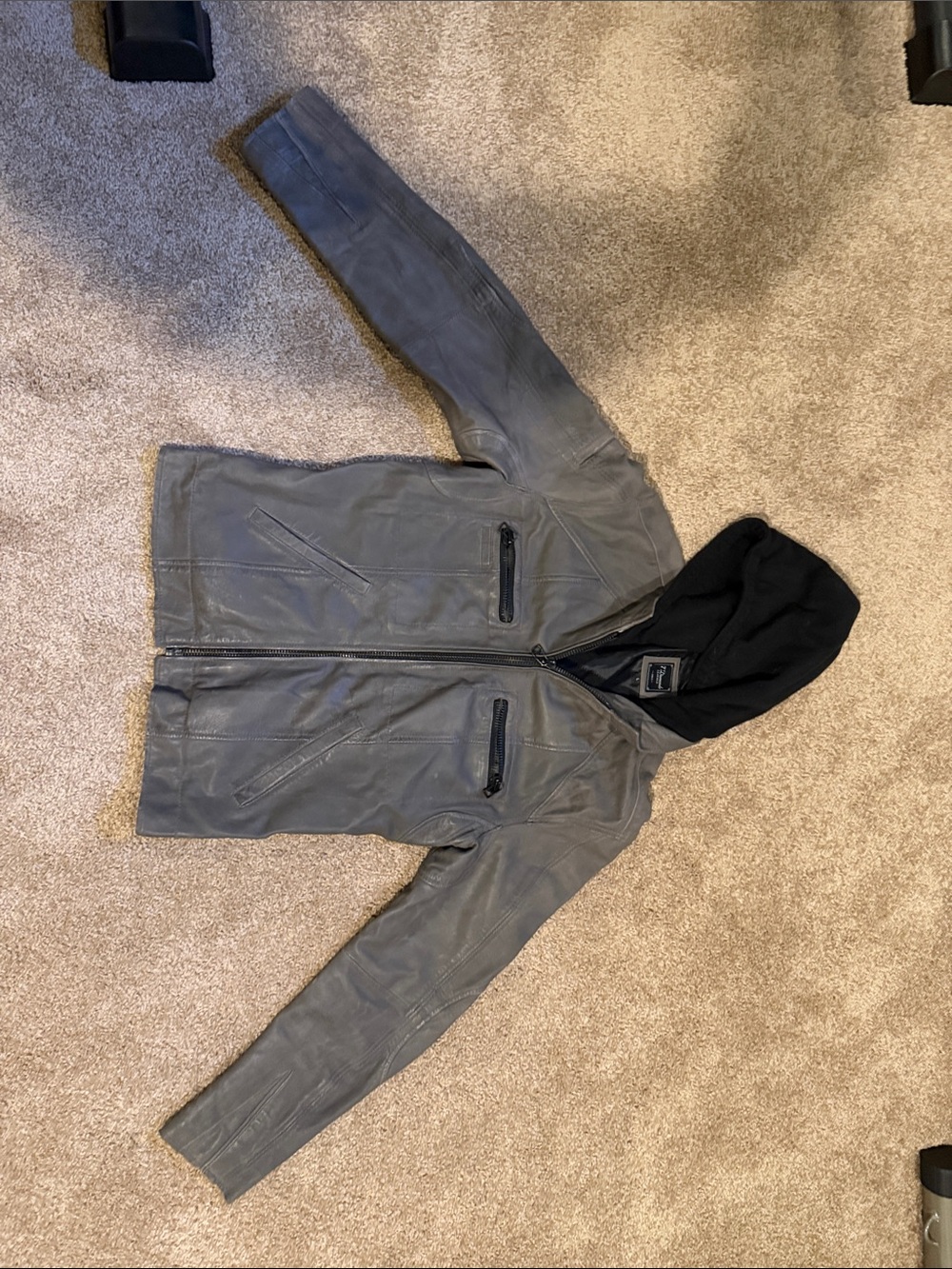 7 Diamonds Gray Leather Bomber Jacket with Black Hood